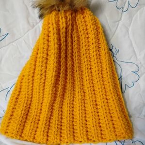 Hand Crafted Golden Kids Hat with Faux Fur Pom